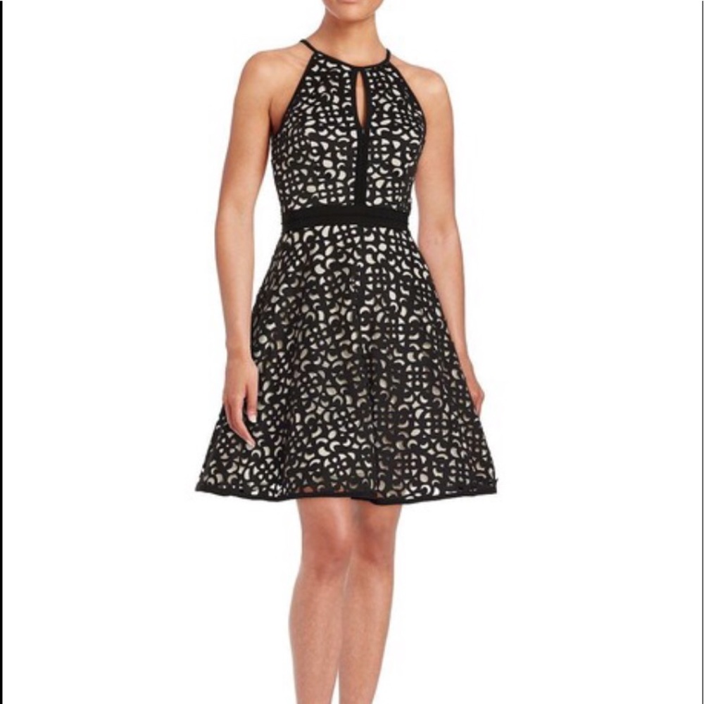 Xscape laser cut halter dress